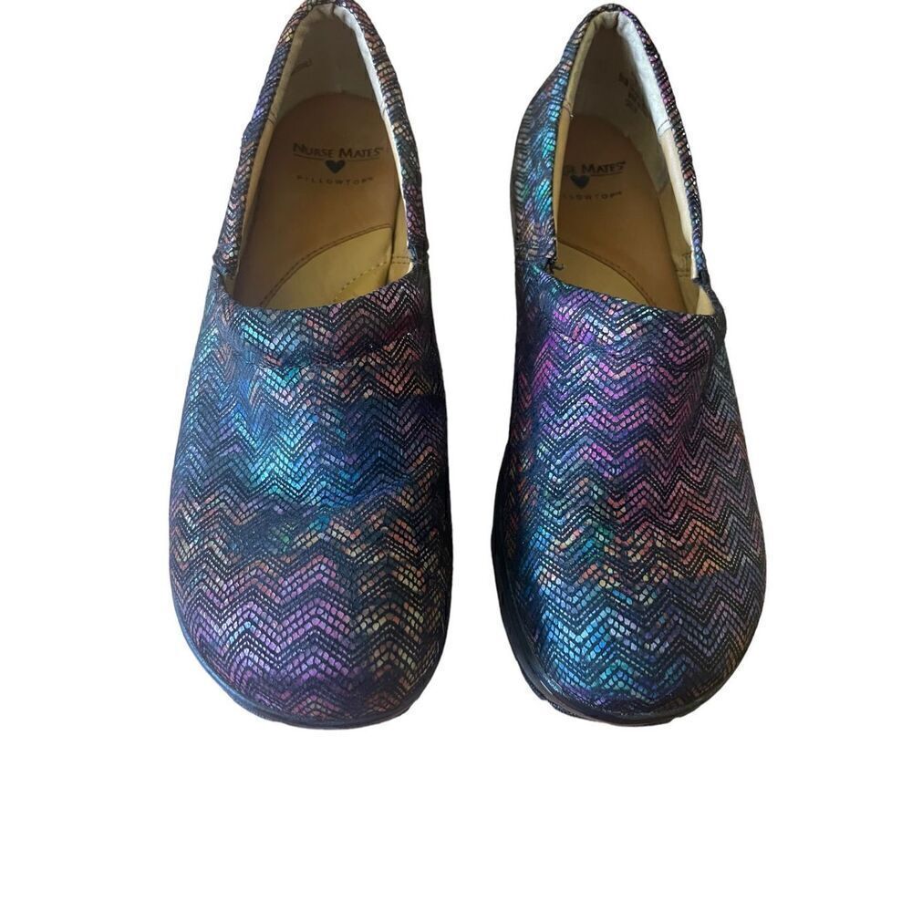 Nurse Mates Womens Multicolor Chevron Leather Slip On Bryer Clogs Size 9.5M